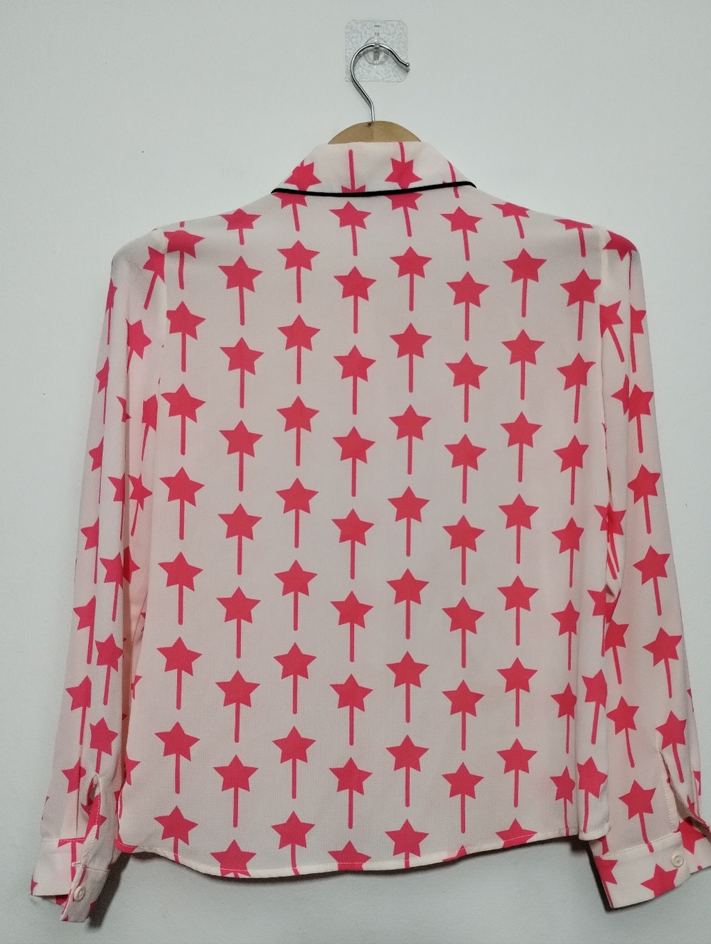 Topshop Cream Blouse Womens 4 Coral Star Print Black Trim Button Down - Picture 6 of 8